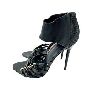 L.A.M.B. Black Leather Ankle Strap Strappy Stiletto Heels Shoes SZ 7.5